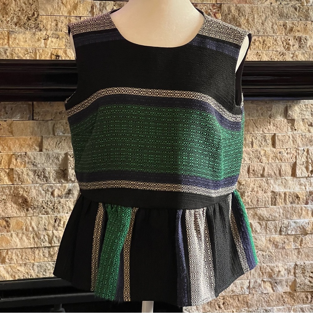 Corey Lynn Calter Anthropologie Green Black Striped Peplum Tank Top Women Sz. S